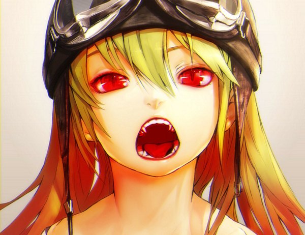 Anime picture 1280x986 with bakemonogatari shaft (studio) monogatari (series) oshino shinobu redjuice single long hair looking at viewer open mouth blonde hair red eyes teeth fang (fangs) girl goggles helmet