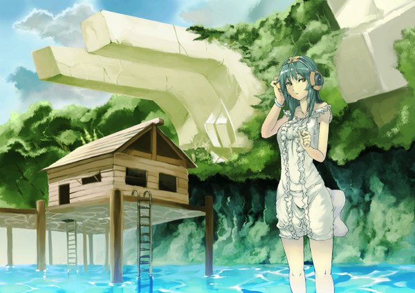 Anime picture 1202x850 with long hair green hair water headphones tagme