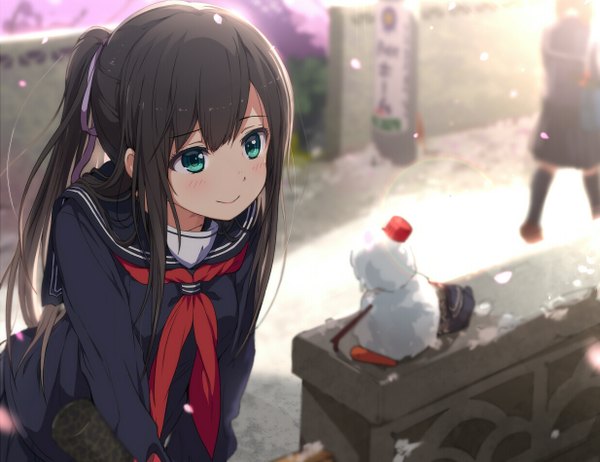 Anime picture 1233x950 with original ogipote long hair blush fringe blue eyes black hair smile ponytail leaning leaning forward solo focus snow graduation girl uniform ribbon (ribbons) hair ribbon petals serafuku