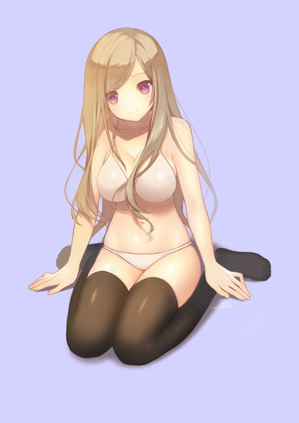 Anime picture 1074x1517 with original nana mikoto single long hair tall image light erotic blonde hair simple background red eyes sitting signed wariza purple background girl thighhighs navel black thighhighs swimsuit bikini white bikini