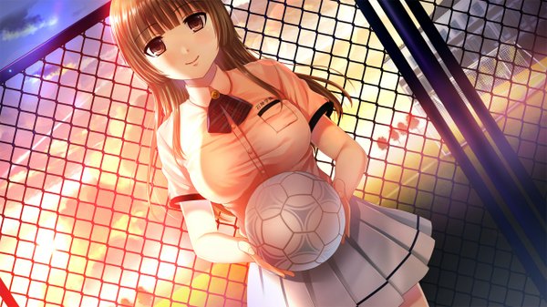 Anime picture 1280x720 with himawari to koi no kioku mizuoshi kana single long hair looking at viewer fringe breasts smile brown hair wide image large breasts holding brown eyes game cg sky cloud (clouds) outdoors pleated skirt short sleeves evening