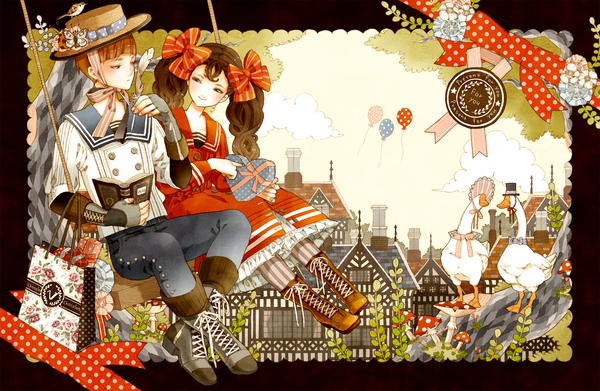 Anime picture 1743x1137 with hamondo hamondo karei long hair highres brown hair orange hair couple lacing valentine girl boy bow hair bow hat animal boots bird (birds) book (books) building (buildings) pants