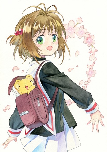 Anime picture 704x1000 with card captor sakura clamp kinomoto sakura kero (cardcaptor sakura) agahari single tall image looking at viewer blush short hair open mouth simple background brown hair white background green eyes two side up traditional media watercolor (medium) girl uniform