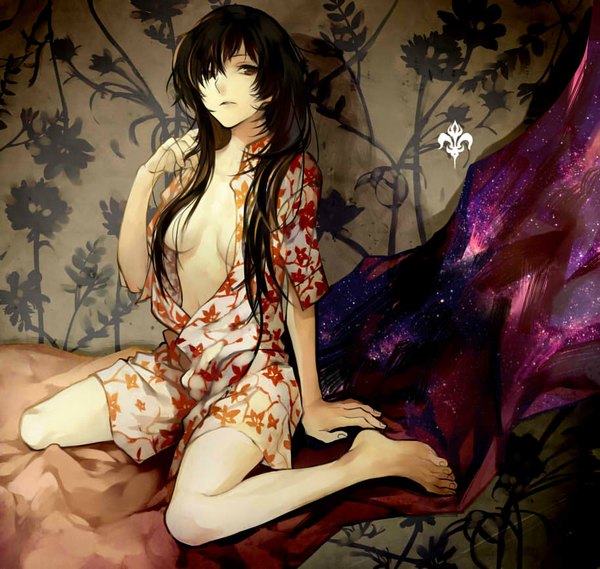Anime picture 913x867 with original yamakawa single long hair breasts light erotic black hair sitting brown eyes bent knee (knees) indoors traditional clothes japanese clothes barefoot bare legs no shoes floral print adjusting hair wariza girl