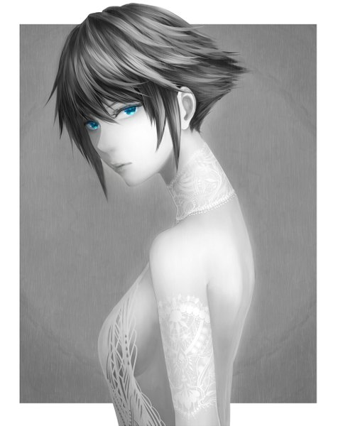 Anime picture 1000x1259 with original bounin single tall image looking at viewer fringe short hair breasts blue eyes simple background hair between eyes bare shoulders upper body lips grey background sideboob monochrome bare back framed spot color