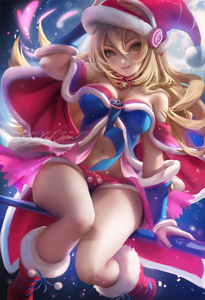 Anime picture 746x1090 with yu-gi-oh! dark magician girl sakimichan single long hair tall image looking at viewer fringe light erotic blonde hair hair between eyes sitting green eyes signed cleavage head tilt realistic arm support fur trim watermark