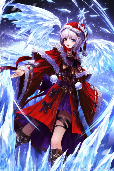 Anime picture 666x1000 with original wanke single long hair tall image fringe open mouth blue eyes standing looking away purple hair wide sleeves dutch angle fur trim spread arms girl hat wings fur knee boots