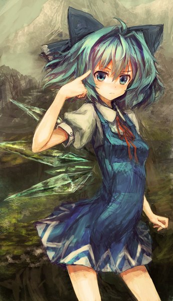 Anime picture 1000x1737 with touhou cirno lm7 (op-center) single tall image blush short hair breasts blue eyes blue hair flat chest mountain hand on face girl dress bow ribbon (ribbons) plant (plants) hair bow wings