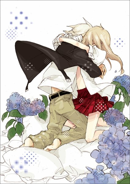 Anime picture 832x1174 with soul eater studio bones maka albarn soul eater evans tagme (artist) long hair tall image short hair light erotic simple background white background eyes closed pleated skirt barefoot open clothes open jacket open shirt couple hug kneeling