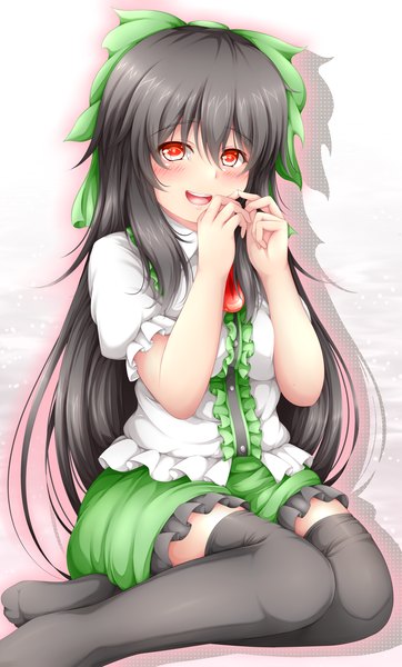 Anime picture 1328x2200 with touhou reiuji utsuho akkii (meragold) long hair tall image blush open mouth black hair red eyes girl thighhighs bow black thighhighs hair bow
