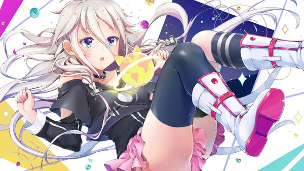 Anime picture 1800x1013 with vocaloid ia (vocaloid) megumoke single long hair fringe highres open mouth blue eyes hair between eyes wide image braid (braids) nail polish pleated skirt grey hair surprised girl thighhighs skirt hair ornament