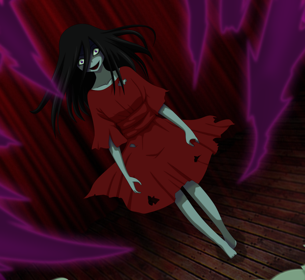 Anime picture 1466x1347 with corpse party sachiko (corpse party) flowerinhell single long hair looking at viewer open mouth black hair standing purple eyes barefoot midriff torn clothes magic smoke eyes zombie girl dress child (children)