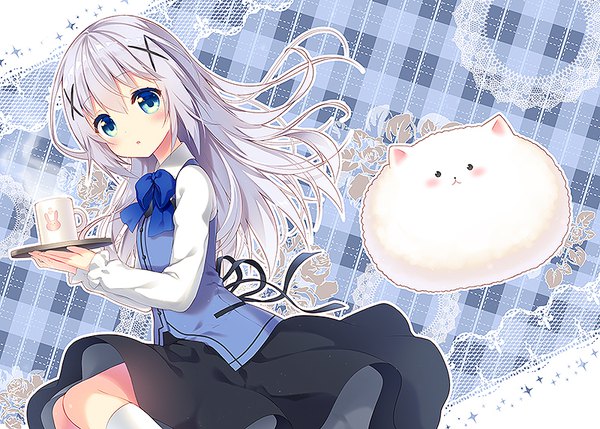 Anime picture 800x572 with gochuumon wa usagi desu ka? white fox kafuu chino tippy (gochiusa) riichu long hair looking at viewer blush blue eyes holding silver hair :o floating hair steam plaid waitress outline plaid background girl uniform