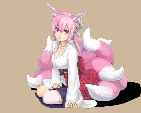 Anime picture 1500x1200 with original kuroko (piii) single long hair simple background sitting pink hair traditional clothes japanese clothes pink eyes light smile fox ears fox tail multiple tails girl thighhighs belt single thighhigh
