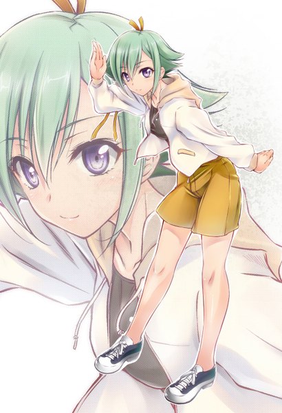Anime picture 1000x1464 with aquarion (series) aquarion evol satelight zessica wong ayano naoto single tall image fringe short hair simple background hair between eyes white background purple eyes looking away full body green hair light smile leaning alternate costume leaning forward