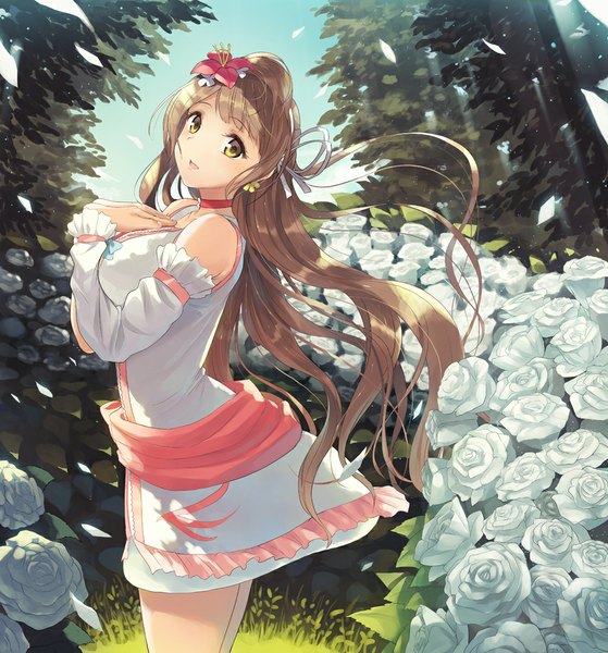 Anime picture 950x1021 with love live! school idol project sunrise (studio) love live! minami kotori kichiroku single long hair tall image looking at viewer fringe open mouth smile brown hair standing yellow eyes long sleeves head tilt hair flower wind sunlight