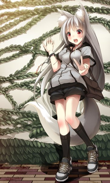 Anime picture 1299x2150 with original re:n ne long hair tall image looking at viewer blush open mouth red eyes animal ears silver hair animal tail victory girl socks shorts black socks bag