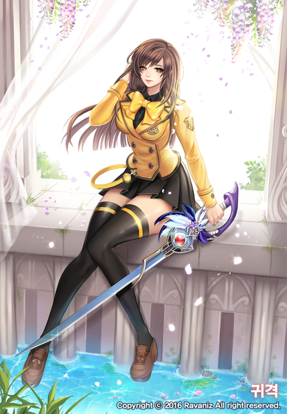 Anime picture 1200x1730 with blade & soul ravaniz single long hair tall image looking at viewer brown hair sitting brown eyes girl thighhighs skirt flower (flowers) weapon black thighhighs miniskirt petals sword