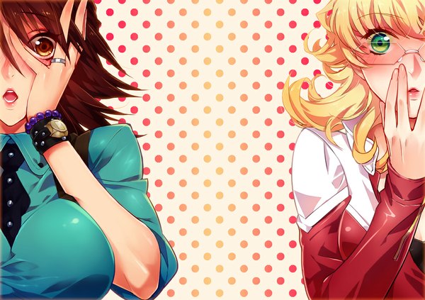 Anime picture 1000x705 with tiger & bunny sunrise (studio) kaburagi t. kotetsu barnaby brooks jr. kusuri (pixiv179816) long hair blush breasts open mouth simple background blonde hair brown hair large breasts multiple girls brown eyes green eyes yellow eyes drill hair wavy hair polka dot