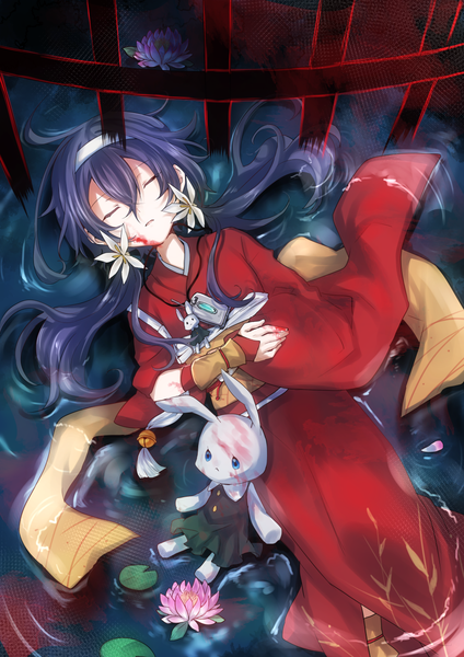 Anime picture 919x1300 with bungou stray dogs studio bones izumi kyouka (bungou stray dogs) ryukadomatsu single long hair tall image fringe blue eyes hair between eyes purple hair lying eyes closed traditional clothes japanese clothes hair flower from above on back partially submerged blood on face