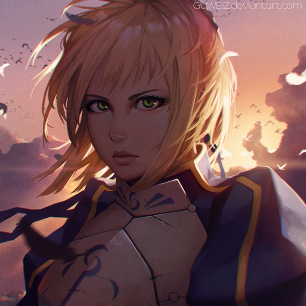 Anime picture 900x900 with fate (series) fate/stay night type-moon artoria pendragon (all) saber guweiz single looking at viewer fringe short hair blonde hair green eyes sky cloud (clouds) upper body evening portrait sunset girl animal