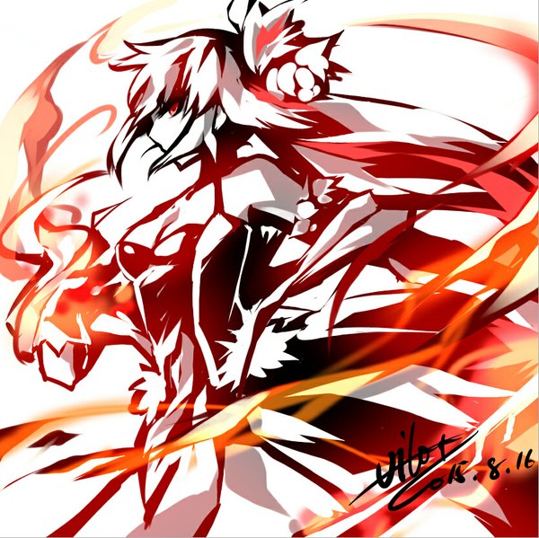 Anime picture 834x833 with elsword vilor single looking at viewer fringe short hair breasts simple background red eyes white background bare shoulders signed cleavage ahoge white hair profile hair flower flat chest messy hair drawing