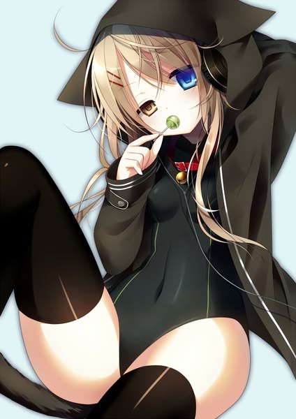 Anime picture 723x1023 with original yoruneko single long hair tall image light erotic blonde hair tail animal tail cat tail heterochromia girl thighhighs black thighhighs food sweets headphones hood hoodie candy