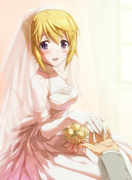 Anime picture 730x1000 with infinite stratos 8bit charles dunois kanna asuke single tall image blush short hair breasts open mouth blonde hair purple eyes bare shoulders girl dress flower (flowers) wedding dress