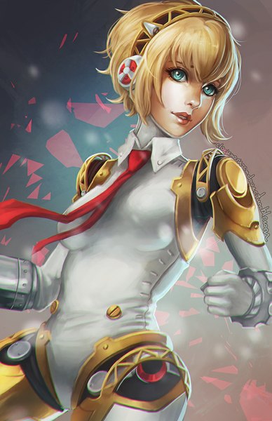 Anime picture 663x1024 with persona 3 persona aegis koyoriin single tall image fringe short hair blonde hair signed looking away aqua eyes lips robot joints girl headphones android
