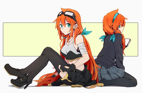 Anime picture 3263x2149 with original amano tora kazenoko long hair looking at viewer blush fringe highres simple background hair between eyes sitting twintails multiple girls holding absurdres very long hair looking back aqua eyes from behind orange hair