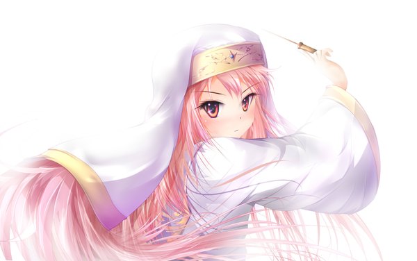 Anime picture 3440x2160 with zero no tsukaima j.c. staff louise francoise le blanc de la valliere garyljq single long hair highres simple background red eyes white background pink hair absurdres loli nun girl wand