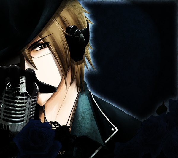 Anime picture 1800x1600 with vocaloid hiyama kiyoteru single looking at viewer fringe highres short hair brown hair brown eyes close-up boy gloves glasses headphones rose (roses) microphone