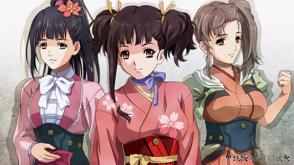 Anime picture 1920x1080 with koutetsujou no kabaneri wit studio mumei (kabaneri) yomogawa ayame kajika (kabaneri) nolia long hair looking at viewer blush highres black hair simple background smile red eyes brown hair wide image standing twintails purple eyes multiple girls