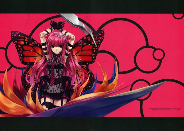 Anime picture 4863x3455 with cradle (artbook) beatmania beatmania iidx umegiri ameto misaki kurehito diverse system single long hair highres red eyes absurdres red hair arms up tears red background insect wings butterfly wings 2009 girl dress
