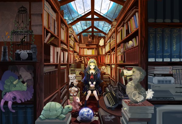 Anime picture 1500x1021 with original kanipanda single long hair blue eyes black hair sitting girl uniform flower (flowers) school uniform animal hairband bird (birds) book (books) toy stuffed animal shelf bookshelf camera