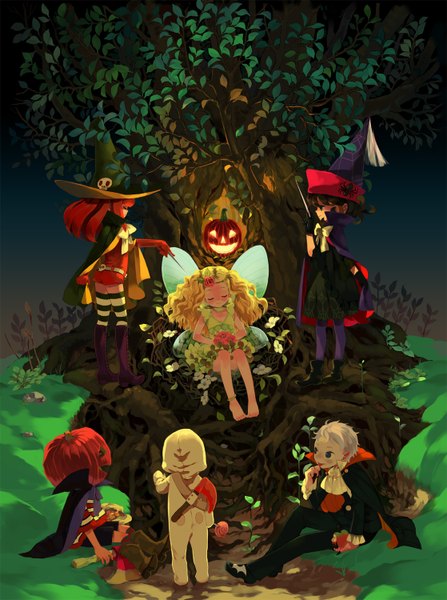 Anime picture 1118x1500 with original komagarita long hair tall image blonde hair brown hair sitting red hair eyes closed pointy ears night group halloween sleeping witch vampire fairy thighhighs flower (flowers) bow