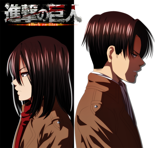 Anime picture 920x875 with shingeki no kyojin production i.g mikasa ackerman levi (rivaille) harumishi long hair fringe short hair hair between eyes brown hair brown eyes upper body parted lips profile inscription grey eyes copyright name hieroglyph looking down military