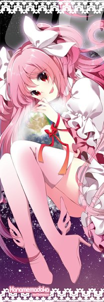 Anime picture 347x1000 with mahou shoujo madoka magica shaft (studio) kaname madoka roh nam kyung single long hair tall image open mouth smile red eyes twintails pink hair girl thighhighs dress bow ribbon (ribbons) hair bow white thighhighs star (stars)