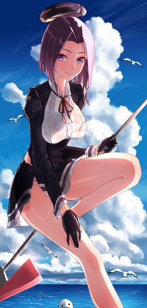 Anime picture 800x1670 with kantai collection tatsuta light cruiser phantania single tall image looking at viewer highres short hair breasts light erotic purple eyes holding sky purple hair cloud (clouds) girl skirt gloves weapon animal