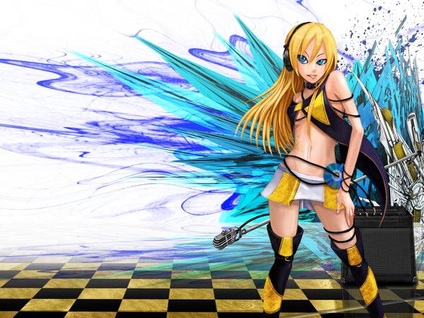 Anime picture 1600x1200 with vocaloid lily (vocaloid) long hair blue eyes blonde hair checkered floor girl thighhighs headphones microphone