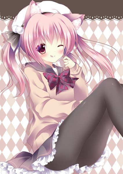 Anime picture 700x988 with original shibainu niki single long hair tall image looking at viewer simple background smile sitting twintails animal ears pink hair one eye closed pink eyes wink cat ears :p girl uniform school uniform