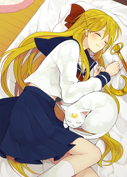 Anime picture 660x918 with bishoujo senshi sailor moon toei animation aino minako artemis (sailor moon) hiyo kiki long hair tall image blush blonde hair smile bent knee (knees) indoors eyes closed pleated skirt from above half updo sleeping crescent girl skirt