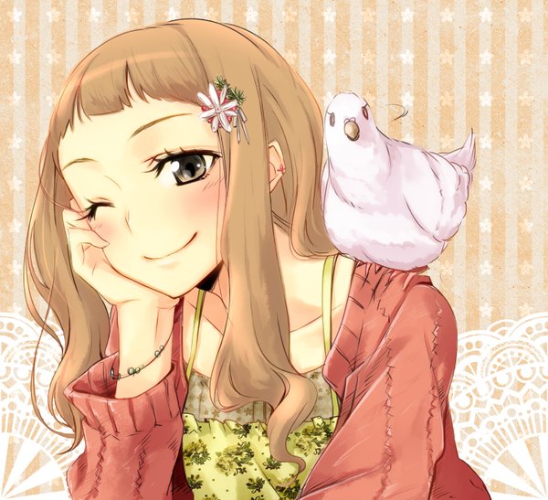 Anime picture 1452x1326 with original sasetsu single long hair blush blonde hair smile brown eyes one eye closed wink arm support piercing girl hair ornament animal bracelet hairclip bird (birds) jewelry pigeon