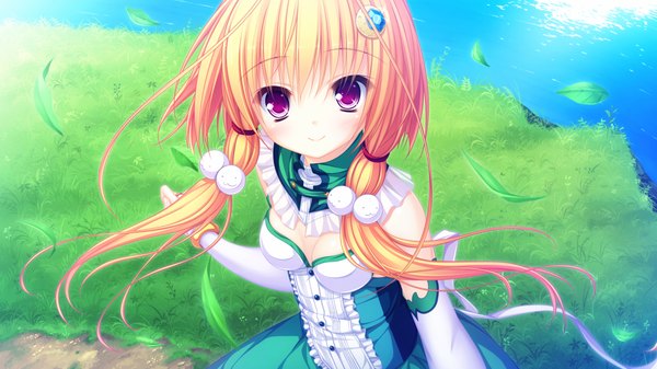 Anime picture 1280x720 with magicalic sky high mikagami mamizu single long hair blonde hair smile wide image purple eyes game cg wind girl dress hair ornament detached sleeves leaf (leaves)