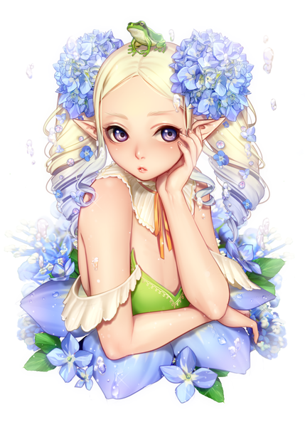 Anime picture 1787x2500 with original masami chie single long hair tall image blush highres blonde hair white background purple eyes looking away upper body hair flower pointy ears drill hair gradient hair revision hand on cheek girl flower (flowers)
