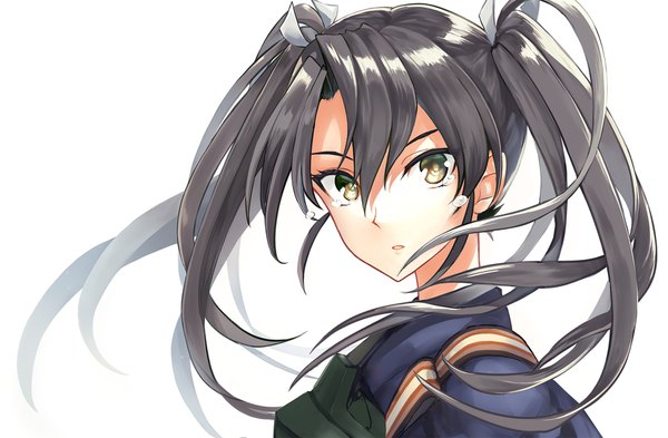 Anime picture 1750x1148 with kantai collection zuikaku aircraft carrier tendou itsuki single long hair looking at viewer fringe highres black hair simple background hair between eyes white background twintails brown eyes upper body tears turning head girl