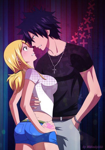 Anime picture 1024x1457 with fairy tail lucy heartfilia gray fullbuster milady666 long hair tall image blush short hair blonde hair purple eyes twintails purple hair profile pink eyes tattoo hug face to face hand in pocket hands on hips girl