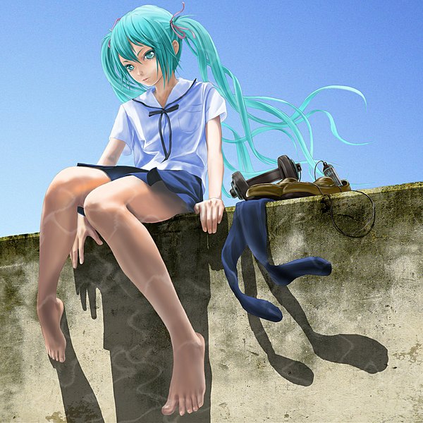 Anime picture 1000x1000 with vocaloid hatsune miku pi (pppppchang) single long hair fringe sitting twintails looking away sky very long hair barefoot aqua eyes wind lips realistic aqua hair legs soles girl