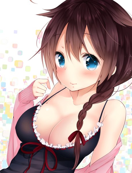 Anime picture 701x920 with kantai collection shigure destroyer mintsu (ichi--kun) single long hair tall image looking at viewer blush fringe breasts blue eyes light erotic smile hair between eyes brown hair large breasts bare shoulders cleavage upper body ahoge