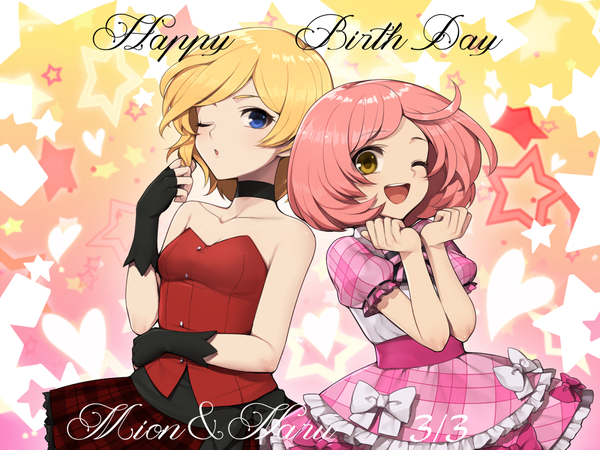 Anime picture 1200x900 with pretty rhythm pretty (series) ayase naru takamine mion hitoto short hair open mouth blue eyes blonde hair bare shoulders multiple girls yellow eyes pink hair one eye closed wink girl dress bow 2 girls star (symbol)